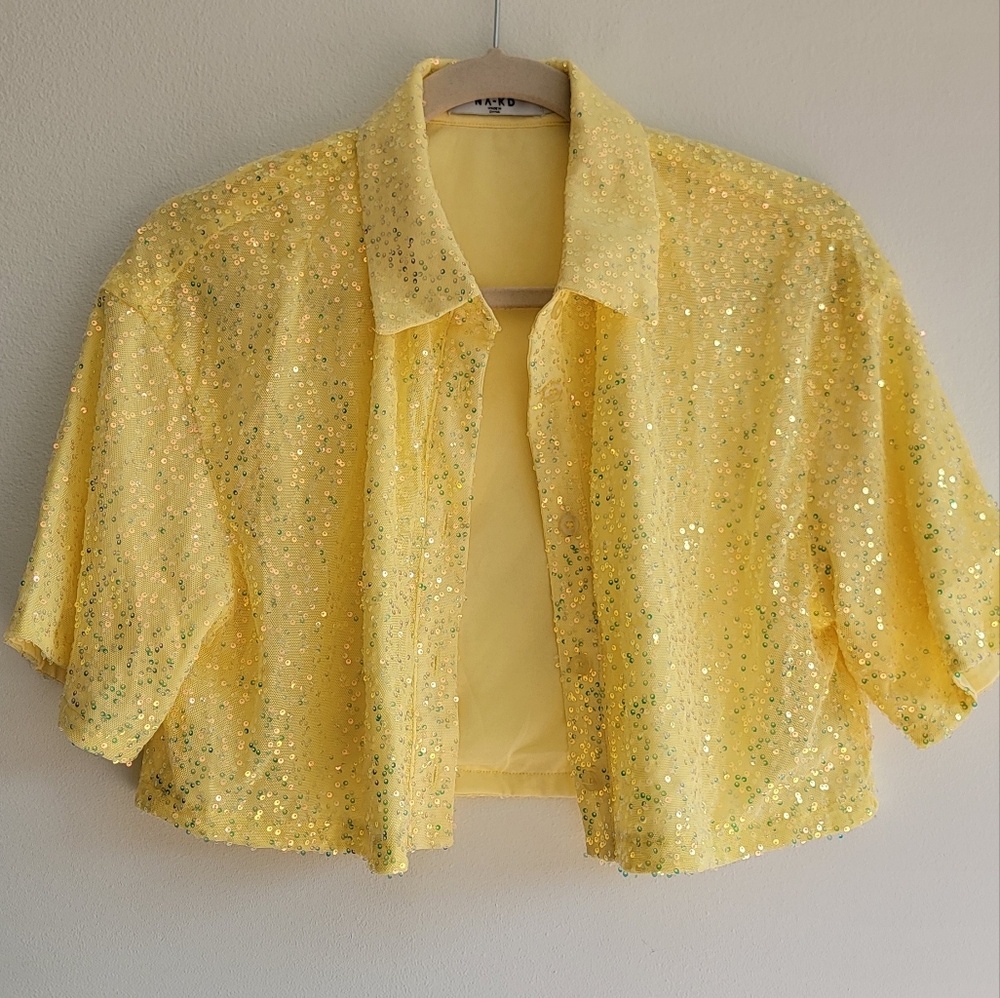 Yellow sequined button down crop top